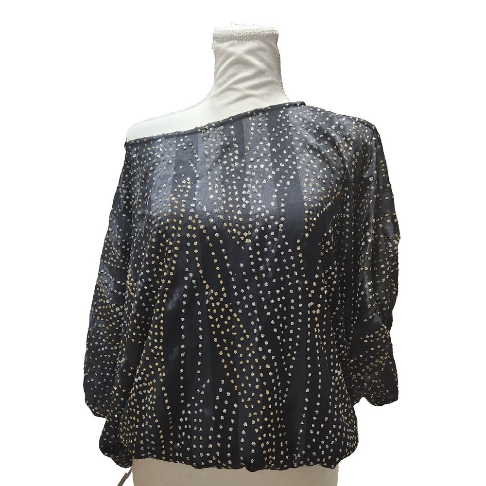 Vintage 80 Glances Black Batwing Sleeve Top Shirt Gold and Silver Sequins